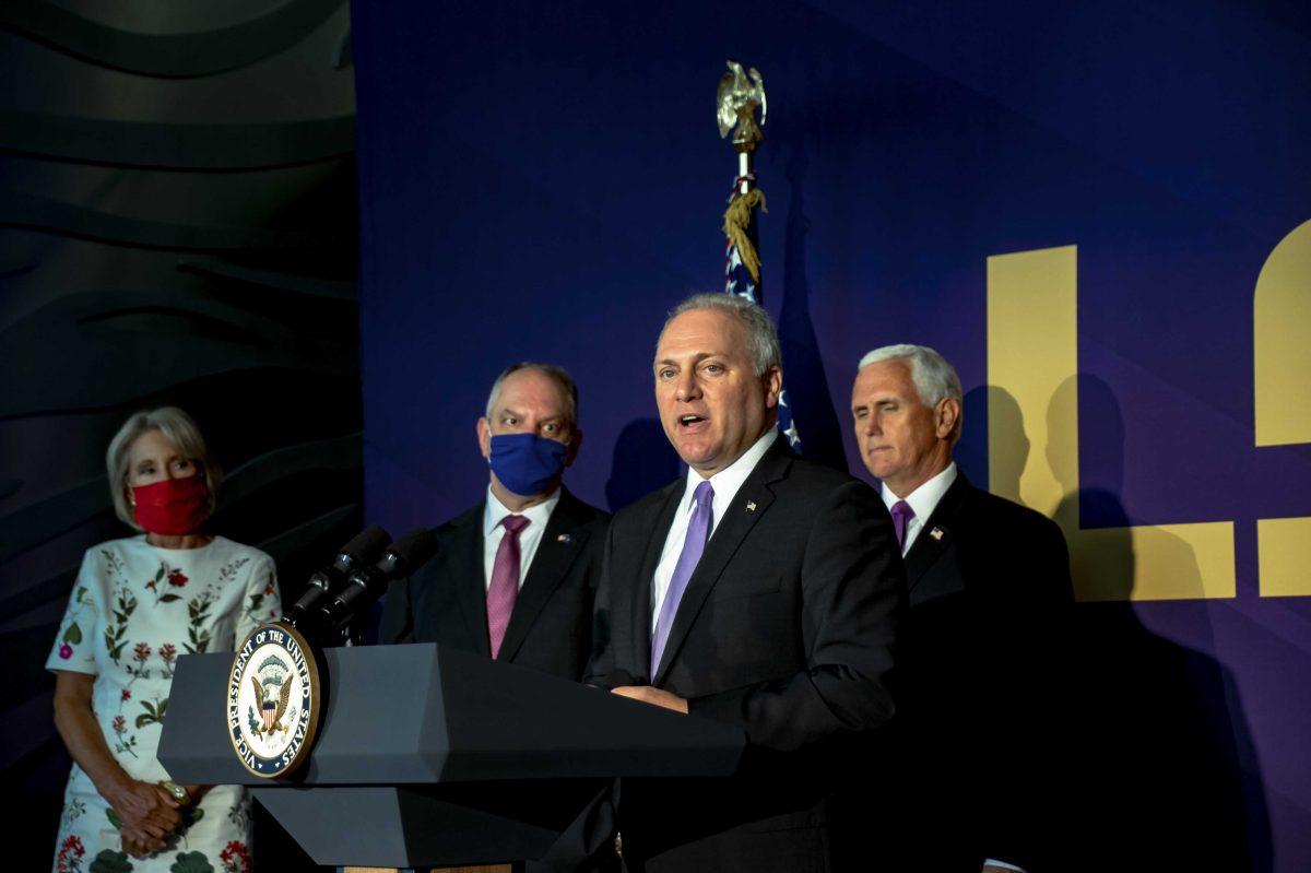 United States Representative Steve Scalise speaks about coronavirus on Tuesday, July 14, 2020, during the press conference with Vice President Mike Pence and other local officials at Tiger Stadium.