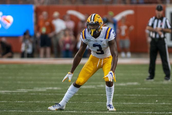 LSU junior safety JaCoby Stevens (3) stands at the line of scrimmage during the Tigers' 45-38 victory over Texas on Saturday, Sept. 7, 2019, at Darrell K Royal&#8211;Texas Memorial Stadium.