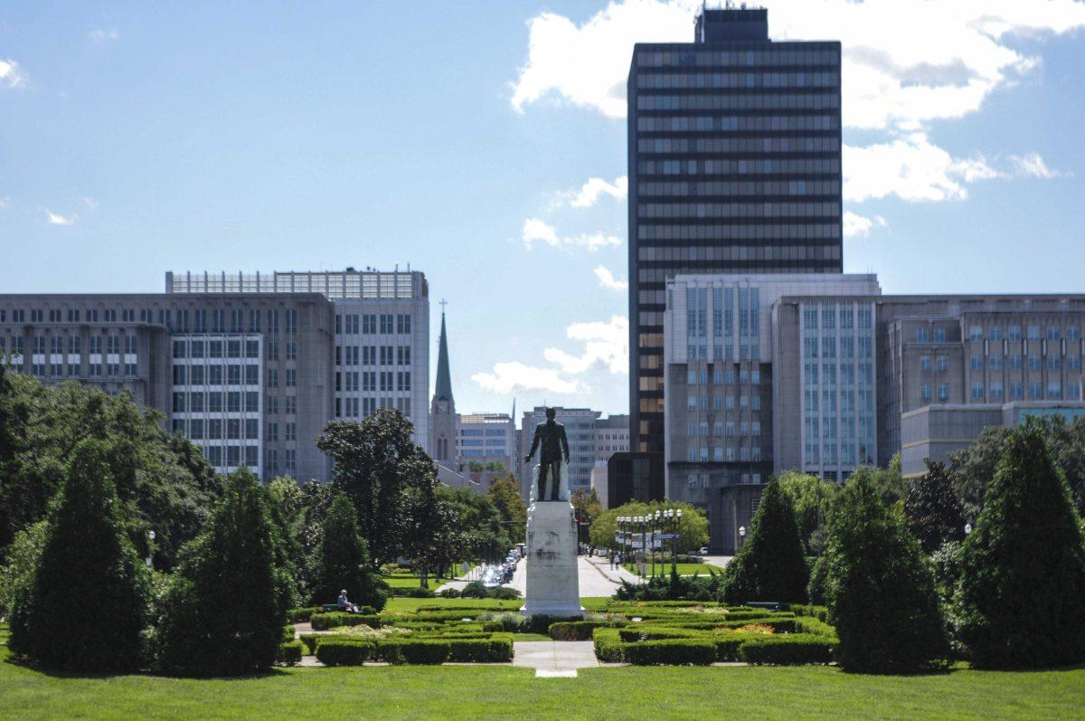 Huey P. Long statue sits on Tuesday, Sept. 29, 2020 in the center of the Capitol Gardens in Downtown Baton Rouge.