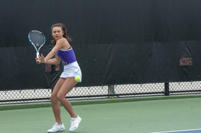 Taylor Bridges eyes a forehand shot during the Tigers loss to South Carolina on Sunday, Mar. 31, 2019.