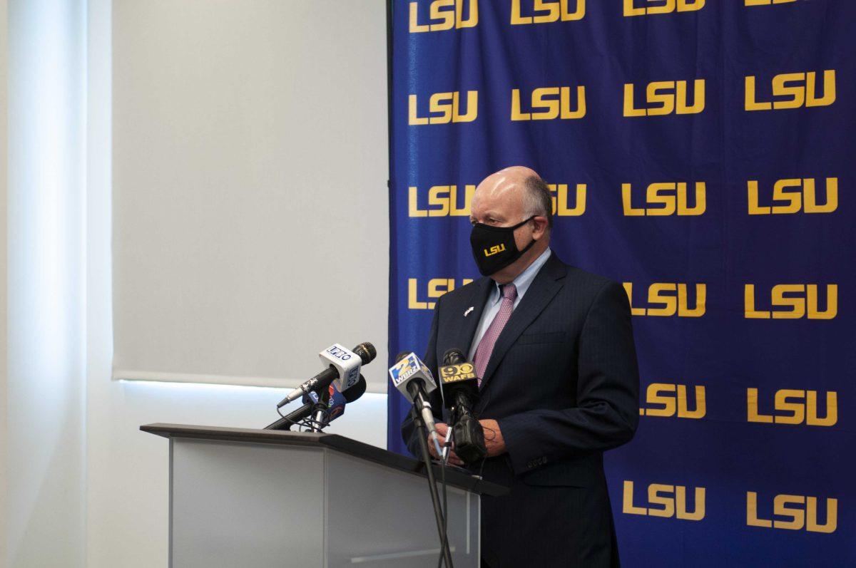 Interim President Tom Galligan discusses future of coronavirus testing for students and staff Wednesday, Sept. 23, 2020 in a press conference alongside Dr. Deborah Birx and Gov. John Bel Edwards in the LSU Foundation Center for Philanthropy.