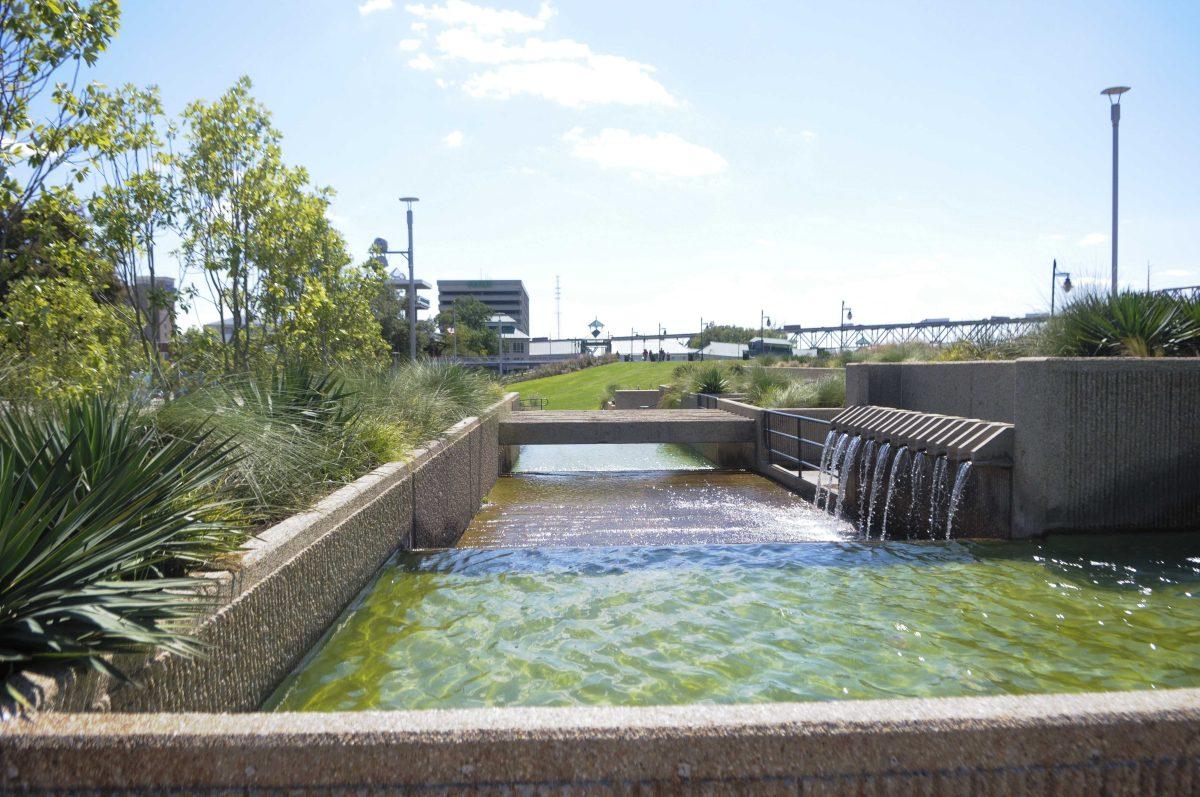 Riverfront Plaza Fountain streams downward on Tuesday, Sept. 29, 2020 inn Downtown Baton Rouge.