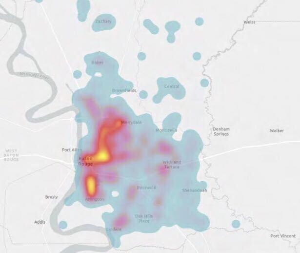 Heat Map of East Baton Rouge Parish Based on Pedestrian and Bicycle-Related Crashes (2011-2015)