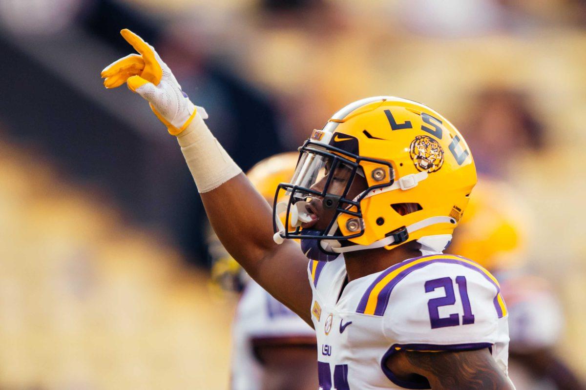 LSU football freshman safety Jordan Toles (21) throws a hand up after making a play Saturday, Sep. 26, 2020 during LSU's 44-24 loss against Mississippi State in Tiger Stadium.