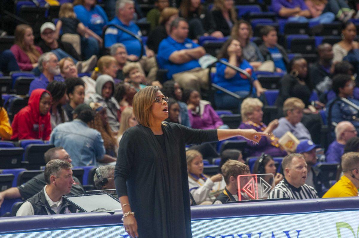 Women's Basketball Head Coach, Nikki Fargas speaks players during the Lady Tigers' 83-49 victory over the University of New Orleans in the PMAC on Tuesday, Nov. 5, 2019.