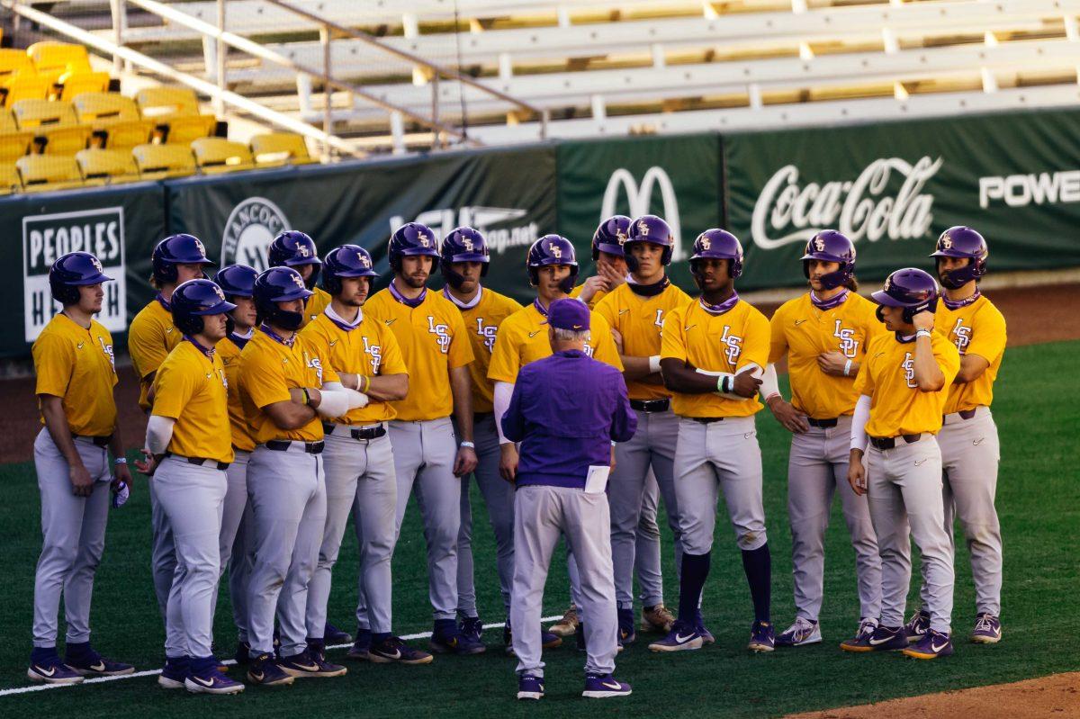 LSU baseball head coach Paul Mainieri coaches the players Wednesday, Sep. 30, 2020 during LSU baseball's first fall practice in Alex Box Stadium on Gourrier Avenue.