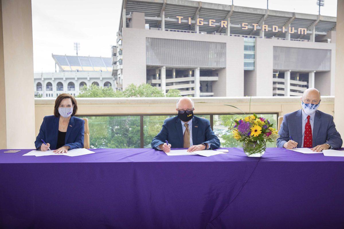 LSU Executive Vice President &amp; Provost Stacia Haynie, LSU Interim President Thomas Galligan and Baton Rouge Area Chamber President &amp; CEO Adam Knapp announced a collaboration to retain graduates Sept. 24.&#160;