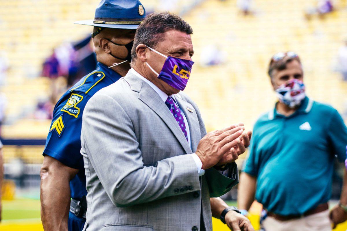 Coach Ed Orgeron walks towards the locker room Saturday, Sep. 26, 2020 before LSU's 44-34 loss against Mississippi State in Tiger Stadium.