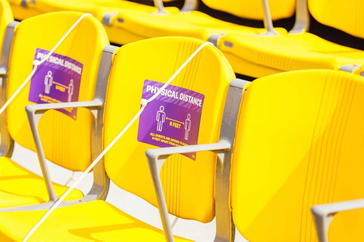 Physical distance stickers and zipties sit on stadium seats Saturday, Sep. 26, 2020 before LSU's 44-34 loss against Mississippi State in Tiger Stadium.