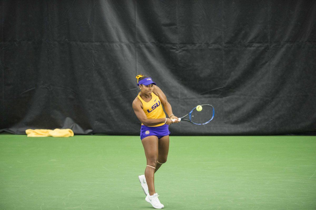 Paris Corley eyes a backhand return. Courtesy LSU Athletics