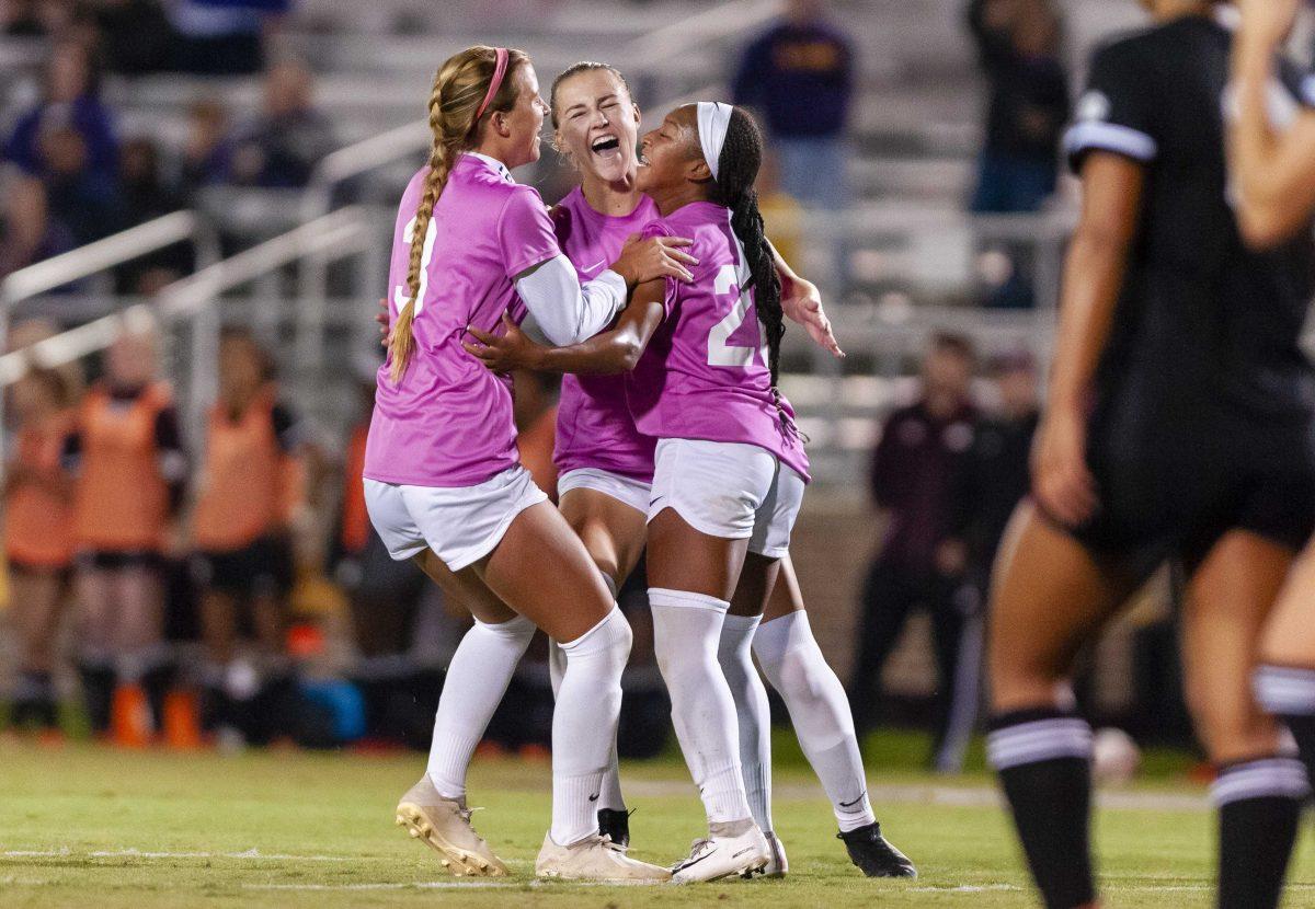 LSU soccer players prepare for the game during the Tigers 2-2 draw against Mississippi State on Thursday, Oct. 24, 2019, in the LSU Soccer Complex.