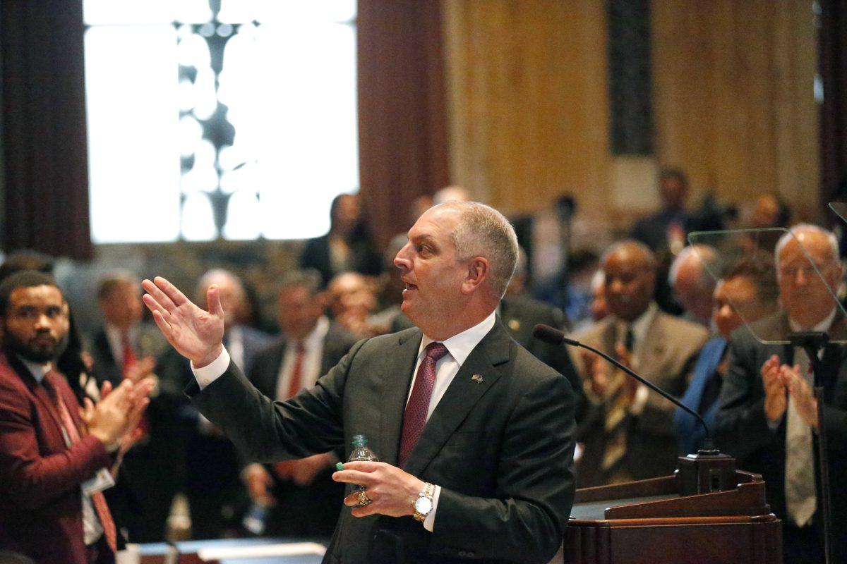 Louisiana Gov. John Bel Edwards acknowledges the House and Senate leadership after addressing the legislature for the opening of the 2020 general legislative session in Baton Rouge, La., Monday, March 9, 2020. (AP Photo/Gerald Herbert)