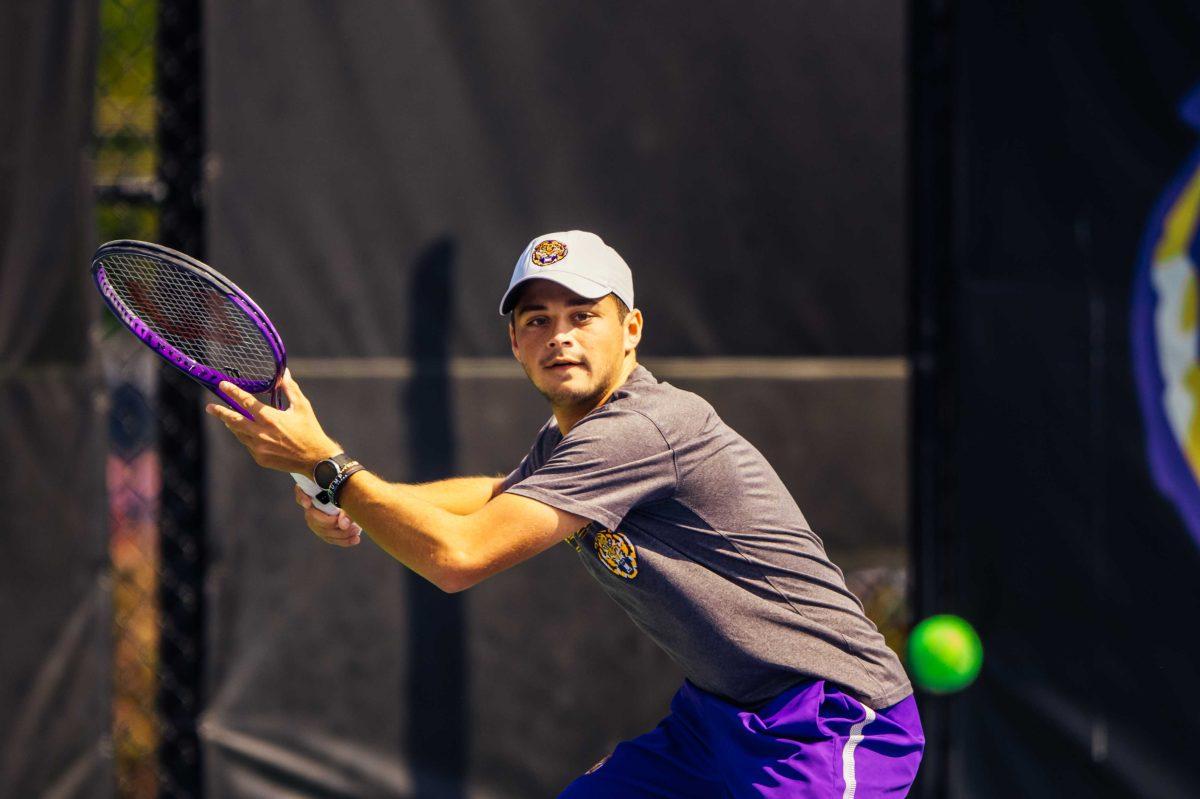 LSU men's tennis sophomore Ronald Hohmann gets ready to return the ball Saturday, Oct. 3, 2020 during his and senior Rafael Wagner's 8-5 win in the second match on the second day of the Olivier Borsos Invitational in the LSU Tennis Complex on Gourrier Avenue.