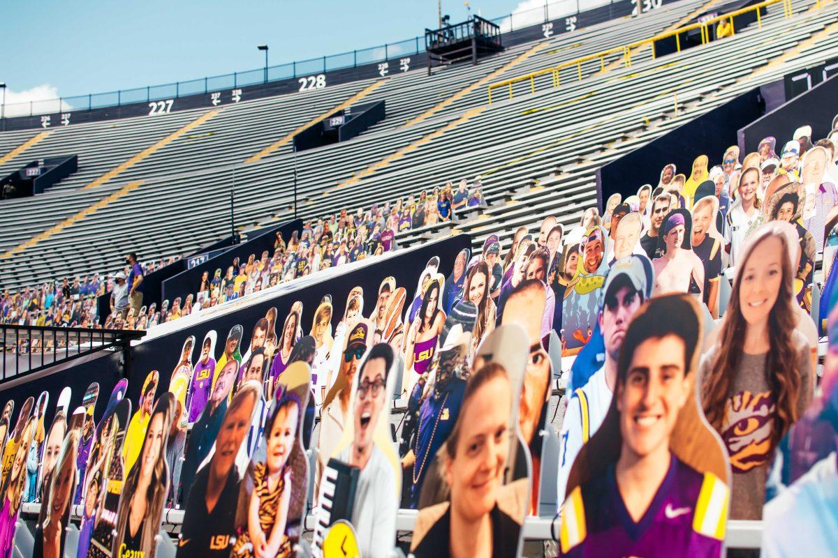 LSU fan cardboard cutouts scatter the stands Saturday, Sep. 26, 2020 before LSU's 44-34 loss against Mississippi State in Tiger Stadium.