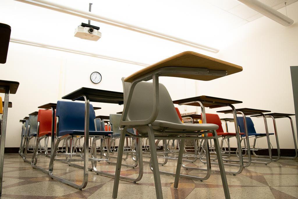 Desks in a classroom in the Huey P. Long Field House on February 5, 2020.