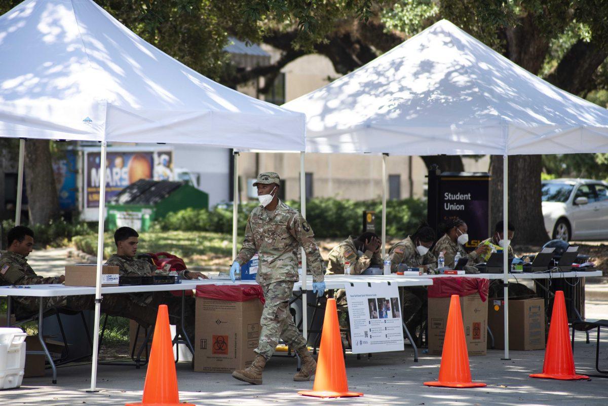 Stations sit on Saturday, Aug. 22, 2020&#160;for COVID-19 testing&#160;outside of the Student Union on&#160;LSU's campus.