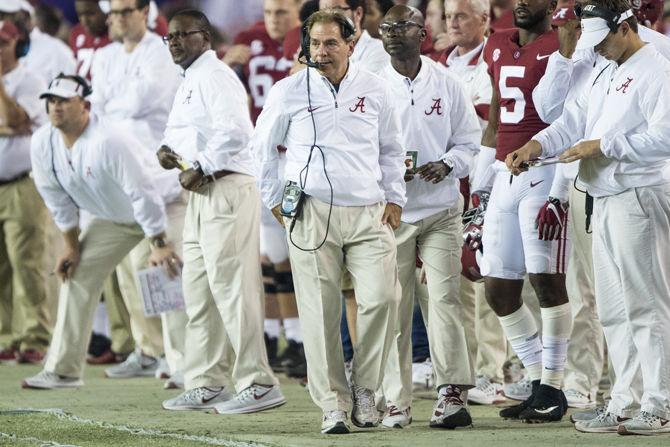 Alabama head football coach Nick Saban watches his players on the field during the Tigers' 24-10 loss against Alabama on Nov. 4, 2017, at Bryant-Denny Stadium.