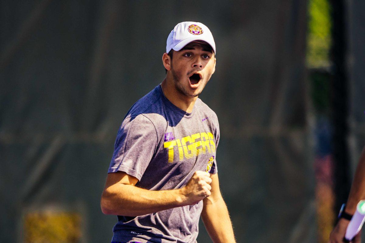 LSU men's tennis sophomore Ronald Hohmann cheers Saturday, Oct. 3, 2020 during his and senior Rafael Wagner's 8-5 win in the second match on the second day of the Olivier Borsos Invitational in the LSU Tennis Complex on Gourrier Avenue.