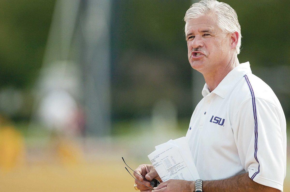 LSU track and field coach Dennis Shaver coaches his team during spring practice. Shaver missed a home meet the weekend before the NCAA Indoor Championships this year to recruit, a particularly difficult process in track and field.