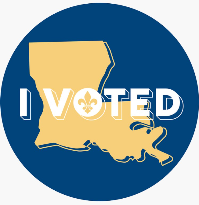 One of Ha-Vy Nguyen's sticker designs, featuring Louisiana state with "I Voted" written over it in blue and gold.