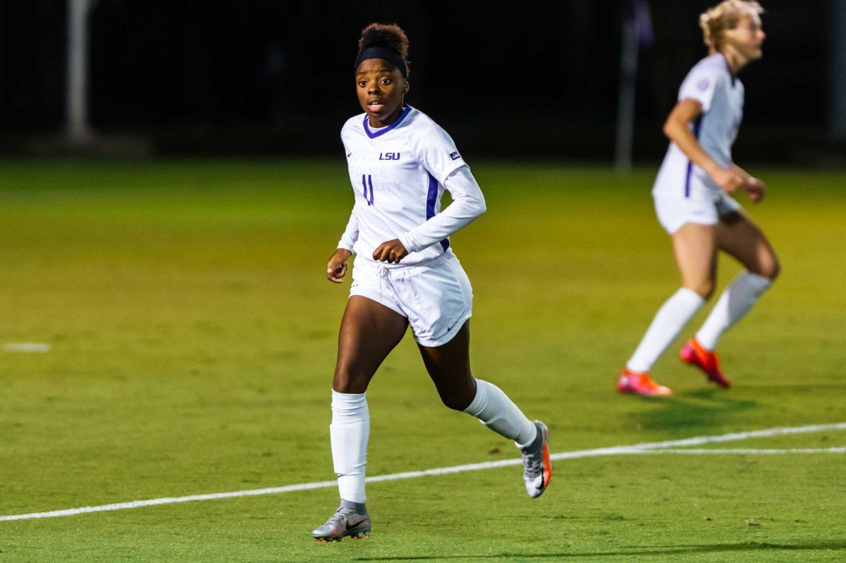 LSU soccer redshirt-junior forward Tinaya Alexander (11) keeps her eyes on the ball Friday, Oct. 30, 2020 during LSU's 0-2 loss to Vanderbilt at the LSU Soccer Stadium on W Lakeshore Drive.