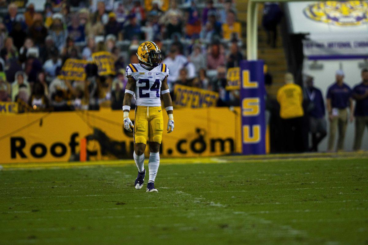 LSU football sophomore cornerback Derek Stingley Jr. (24) gets into position Saturday, Oct. 24, 2020 during LSU's 52-24 win against South Carolina in Tiger Stadium.