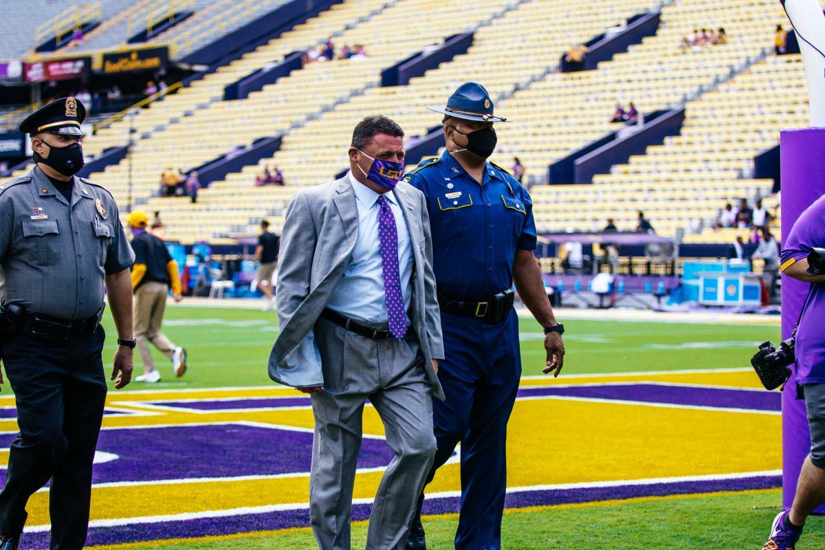 Coach Ed Orgeron walks towards the locker room Saturday, Sep. 26, 2020 before LSU's 44-34 loss against Mississippi State in Tiger Stadium.