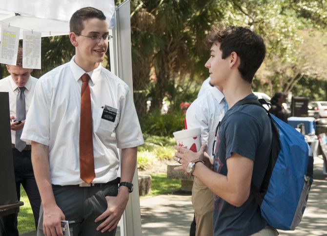 Missionaries for The Church of Jesus Christ of Latter-day Saints recruit students at Free Speech Alley on Sept. 1, 2017.