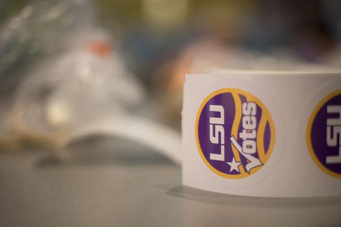 A table hosts a small selection of election day items on Nov. 8, 2016 during the election night viewing party in the Live Oak Lounge of the LSU Student Union.