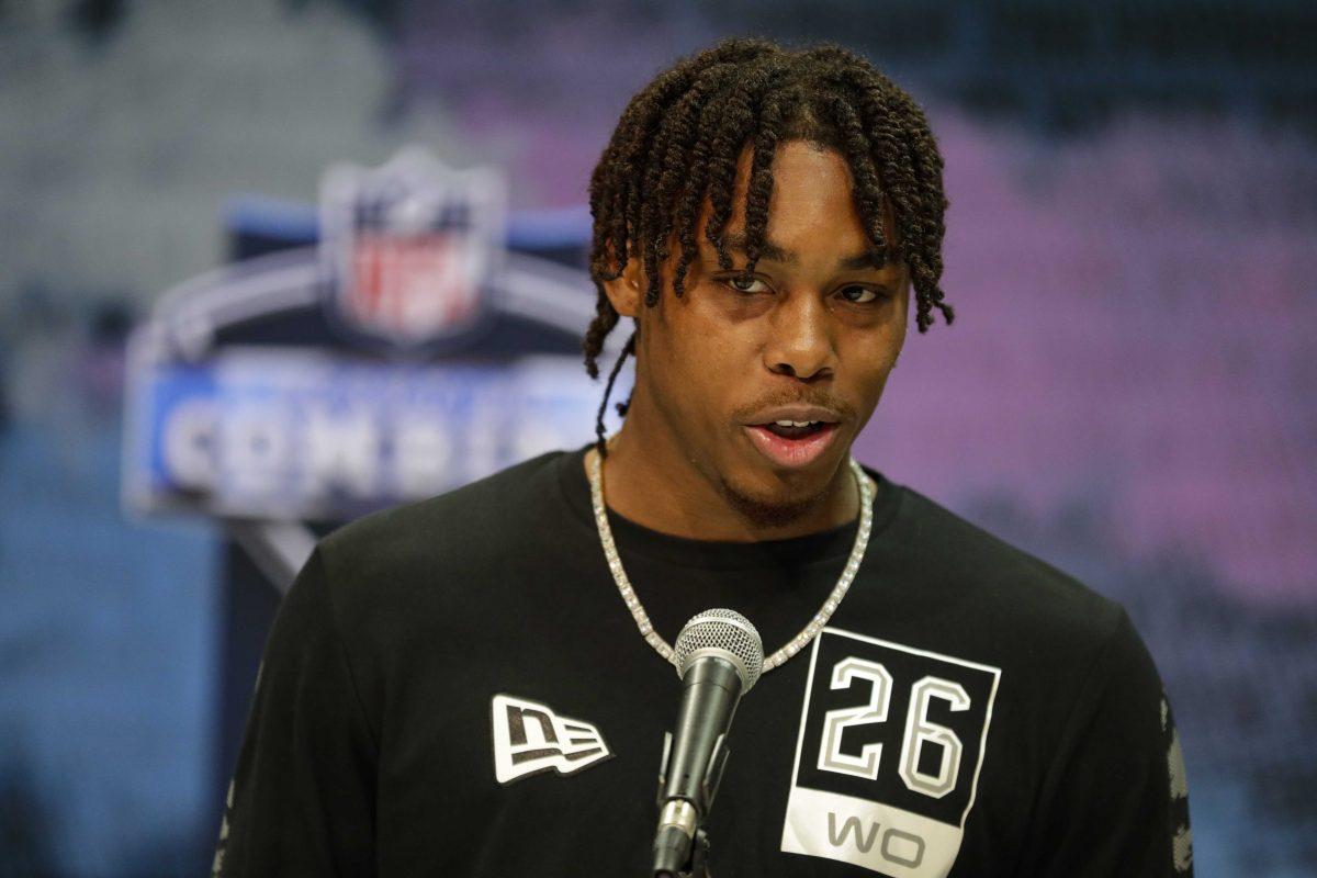 <p>LSU wide receiver Justin Jefferson speaks during a press conference at the NFL football scouting combine in Indianapolis, Tuesday, Feb. 25, 2020. (AP Photo/Michael Conroy)</p>