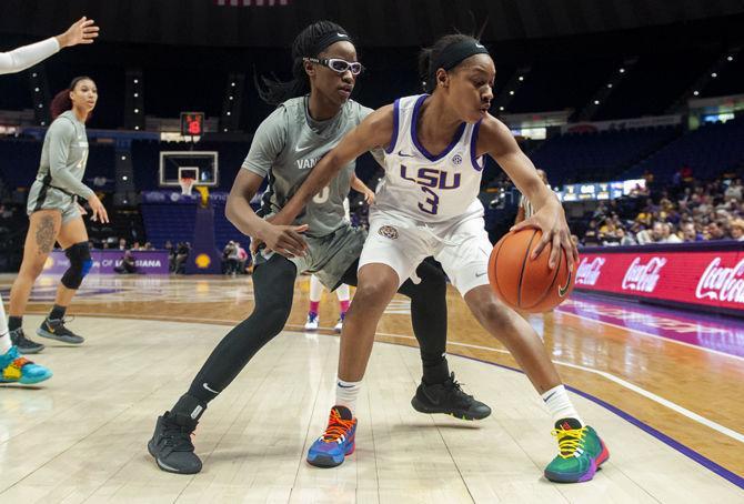 LSU junior guard Khayla Pointer (3) dribbles the ball during the Tigers' 61-55 win over Vanderbilt on Thursday, Feb. 27, 2020, in the PMAC.