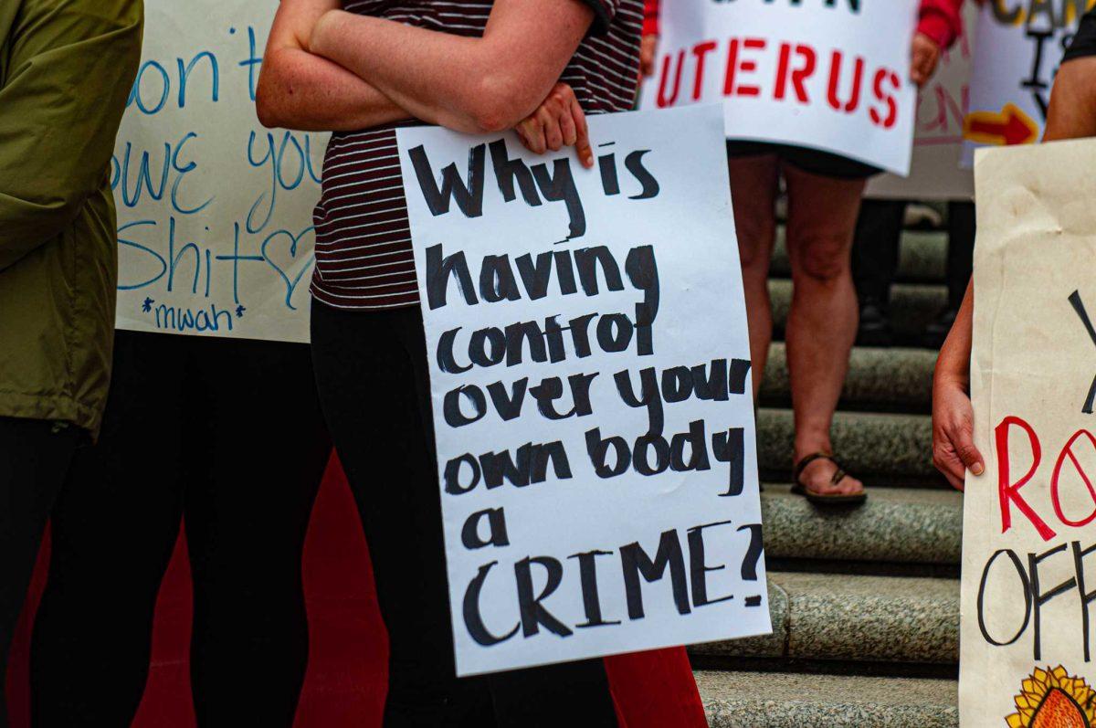 A protestor holds her sign during a protest against Amendment 1 on Sunday, Nov. 8, 2020 at the State Capitol in Baton Rouge.&#160;