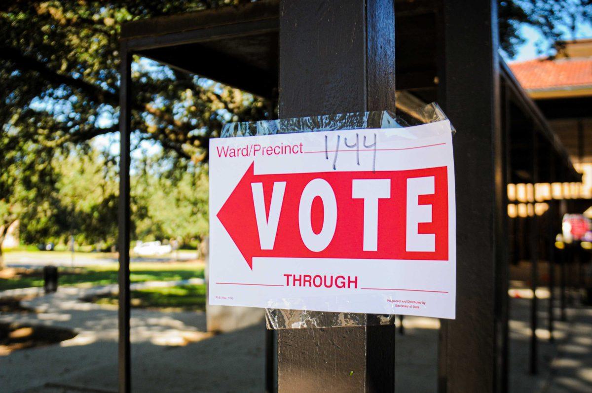 A voting sign sits on Tuesday, Nov. 3, 2020 at University Laboratory School polling location on 45 Dalrymple Dr.