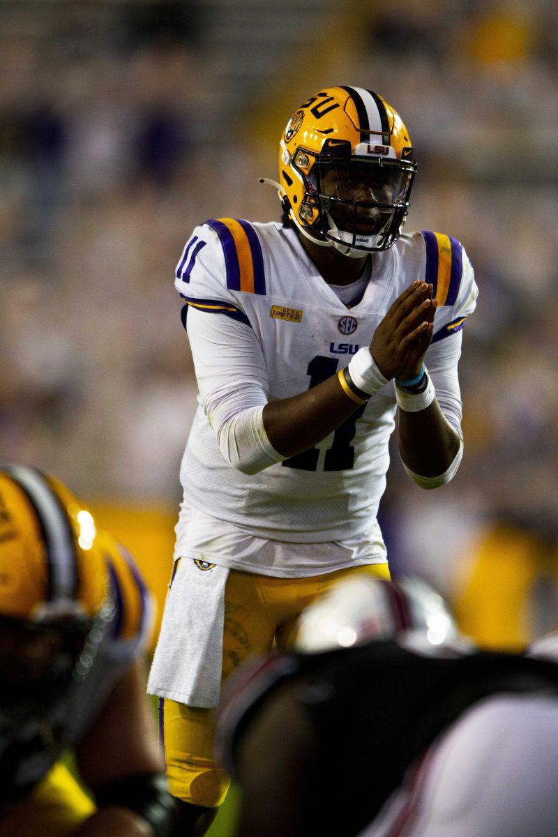 LSU football freshman quarterback TJ Finley (11) calls for the ball Saturday, Oct. 24, 2020 during LSU's 52-24 win against South Carolina in Tiger Stadium.