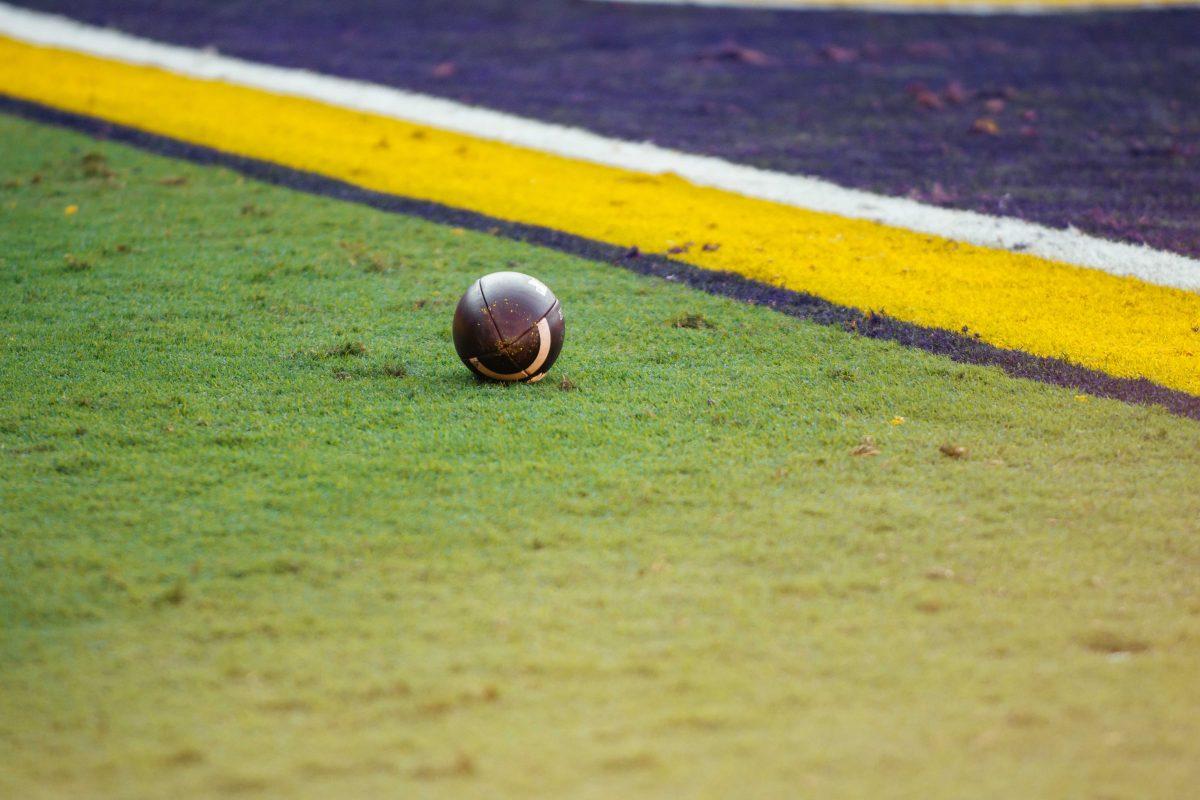 The game ball lays on the field Saturday, Sep. 26, 2020 during LSU's 44-34 loss against Mississippi State in Tiger Stadium.