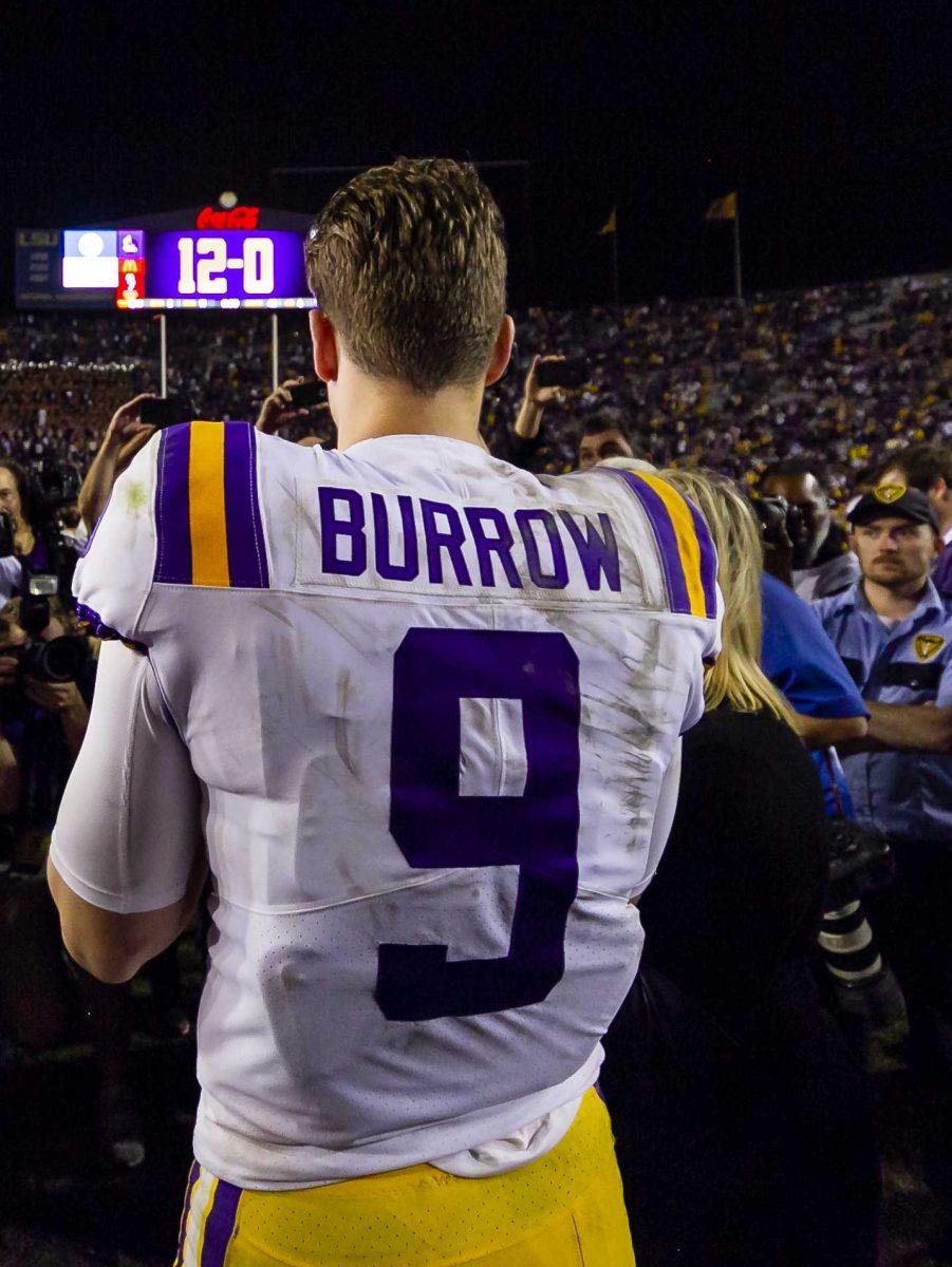 <p>LSU senior quarterback Joe Burrow (9) leaves the field after the Tigers' 50-7 victory over Texas A&M on Saturday, Nov. 30, 2019, at Tiger Stadium</p>