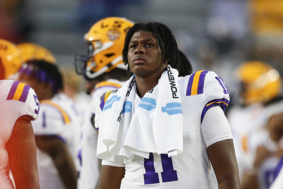 LSU quarterback TJ Finley (11) walks off the field after Auburn defeated LSU in an NCAA college football game on Saturday, Oct. 31, 2020, in Auburn, Ala. (AP Photo/Butch Dill)