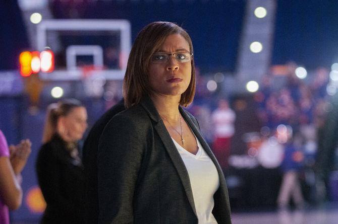 LSU women's basketball coach Nikki Fargas watches the pregame show before the Tigers' 61-55 win over Vanderbilt on Thursday, Feb. 27, 2020, in the PMAC.