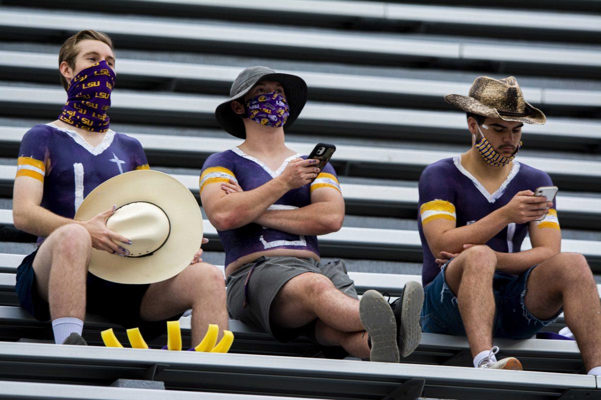 Some LSU fans wait for the game to begin Saturday, Oct. 24, 2020 before LSU's 52-24 win against South Carolina in Tiger Stadium.