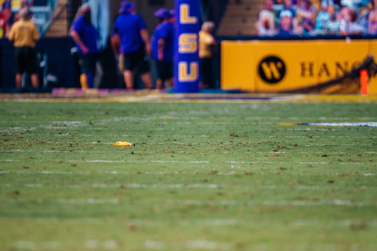 A flag sits on the field Saturday, Sep. 26, 2020 during LSU's 44-24 loss against Mississippi State in Tiger Stadium.