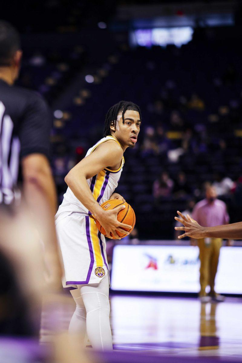 LSU men's basketball sophomore forward Trendon Watford (2) looks to pass the ball Sunday, Dec. 6, 2020 during LSU's 86-55 win over LA Tech in the Pete Maravich Assembly Center on N Stadium Drive in Baton Rouge, La.