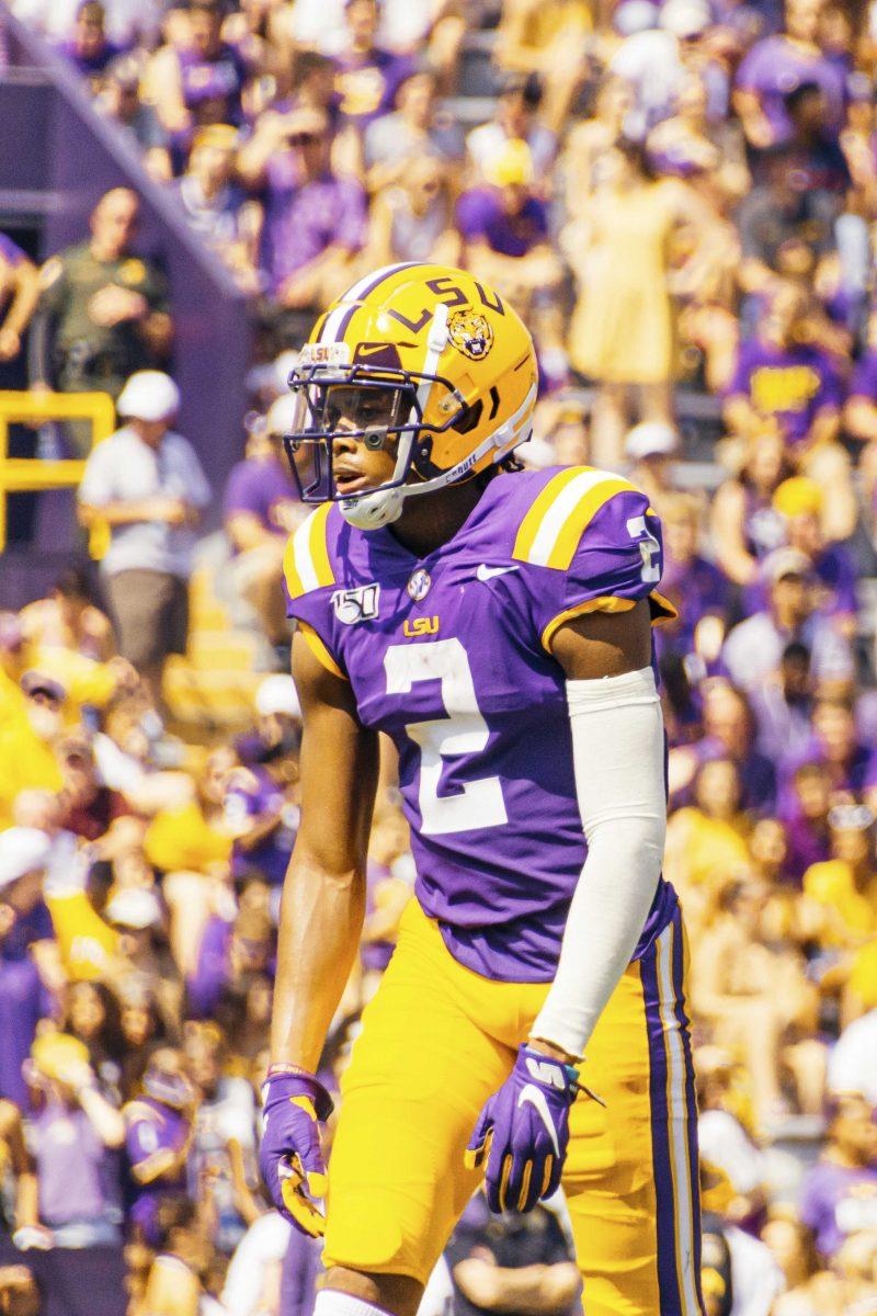 LSU junior wide receiver Justin Jefferson (2) ready to act during the Tiger's 42-6 win against Utah State on Saturday, October 5, 2019 at Tiger Stadium.