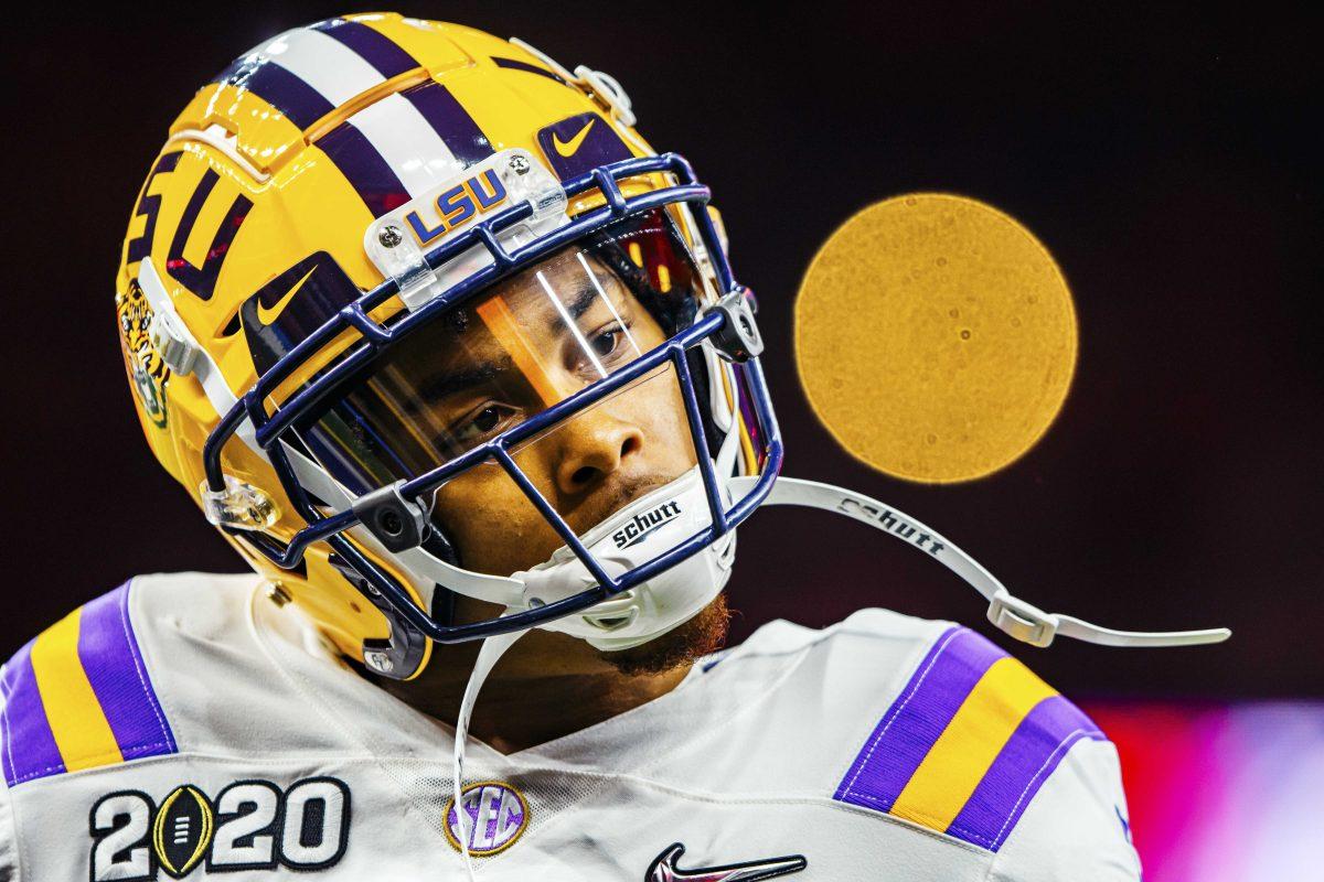 LSU junior wide receiver Justin Jefferson (2) observes the field on Monday, January 13, 2020 before LSU's 42-25 win against Clemson in the Mercedes-Benz Superdome.