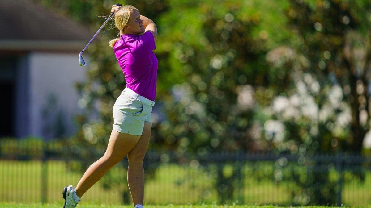 Sophomore Ingrid Lindblad slaps a shot from the fairway at the Liz Murphey Collegiate in Athens, Ga., on Nov. 7, 2020.&#160;