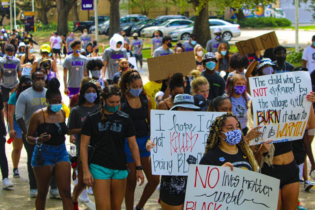 LSU students walk during "March On LSU" demonstration on Saturday, Sept. 5, 2020 at the Parade Ground on LSU's campus.&#160;