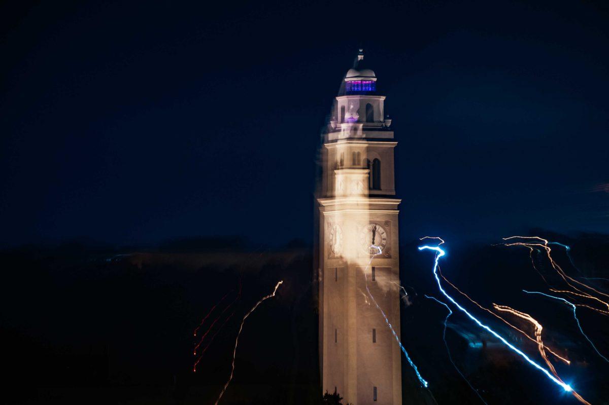 The bell tower clock stands tall Saturday, Sept. 19, 2020 from the top of the Barnes &amp; Noble at LSU parking garage on E Campus Drive.