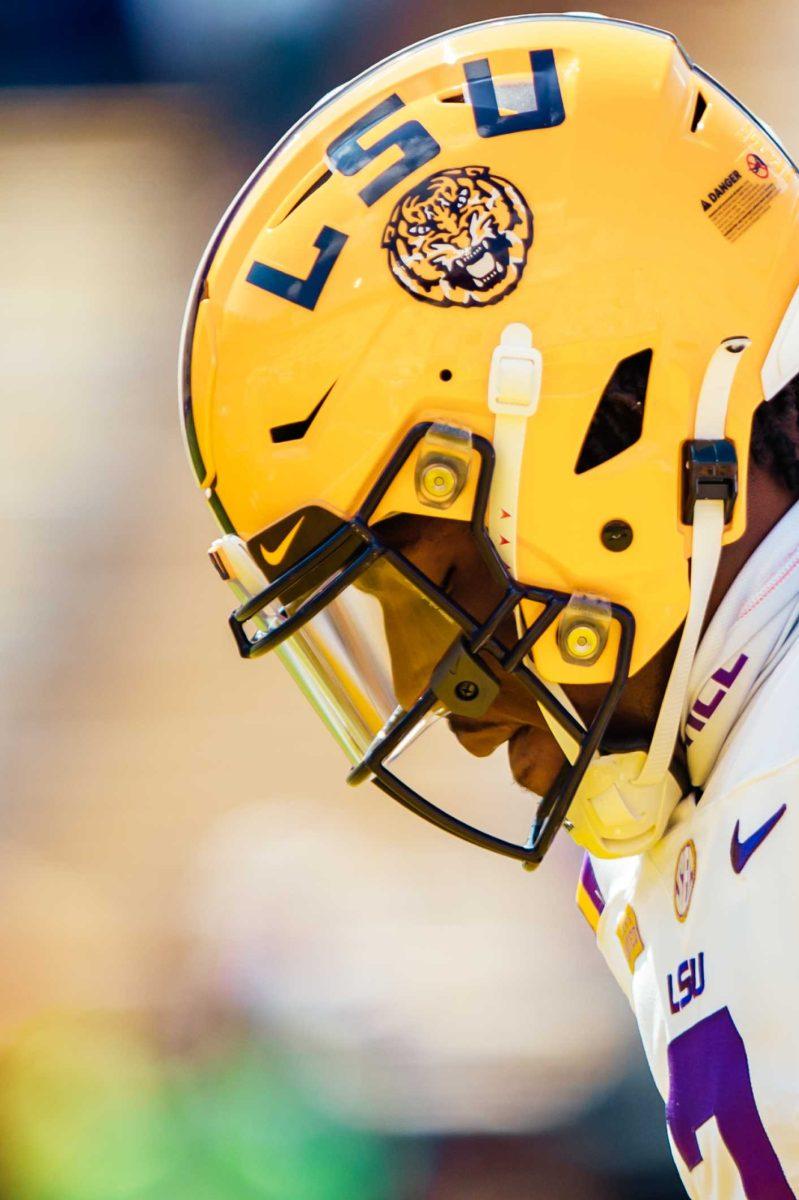 LSU football freshman tight end Arik Gilbert (2) focuses Saturday, Sep. 26, 2020 before LSU's 44-24 loss against Mississippi State in Tiger Stadium.