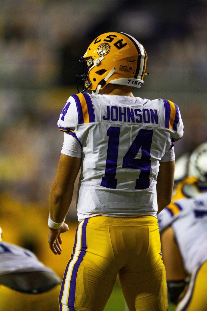 LSU football freshman quarterback Max Johnson (14) calls for the ball Saturday, Oct. 24, 2020 during LSU's 52-24 win against South Carolina in Tiger Stadium.