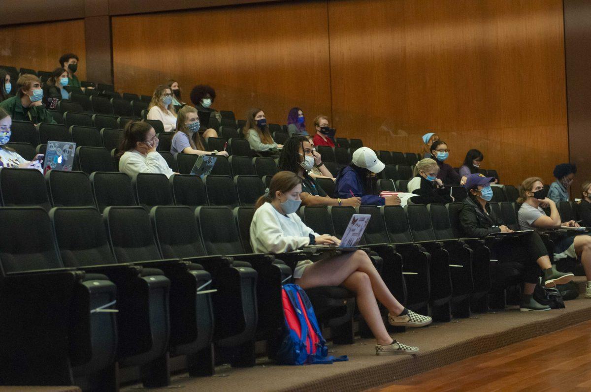 Students listen to the lecture Friday, Jan. 22, 2021 while in History 2057 in the Cox Communications Academic Center.