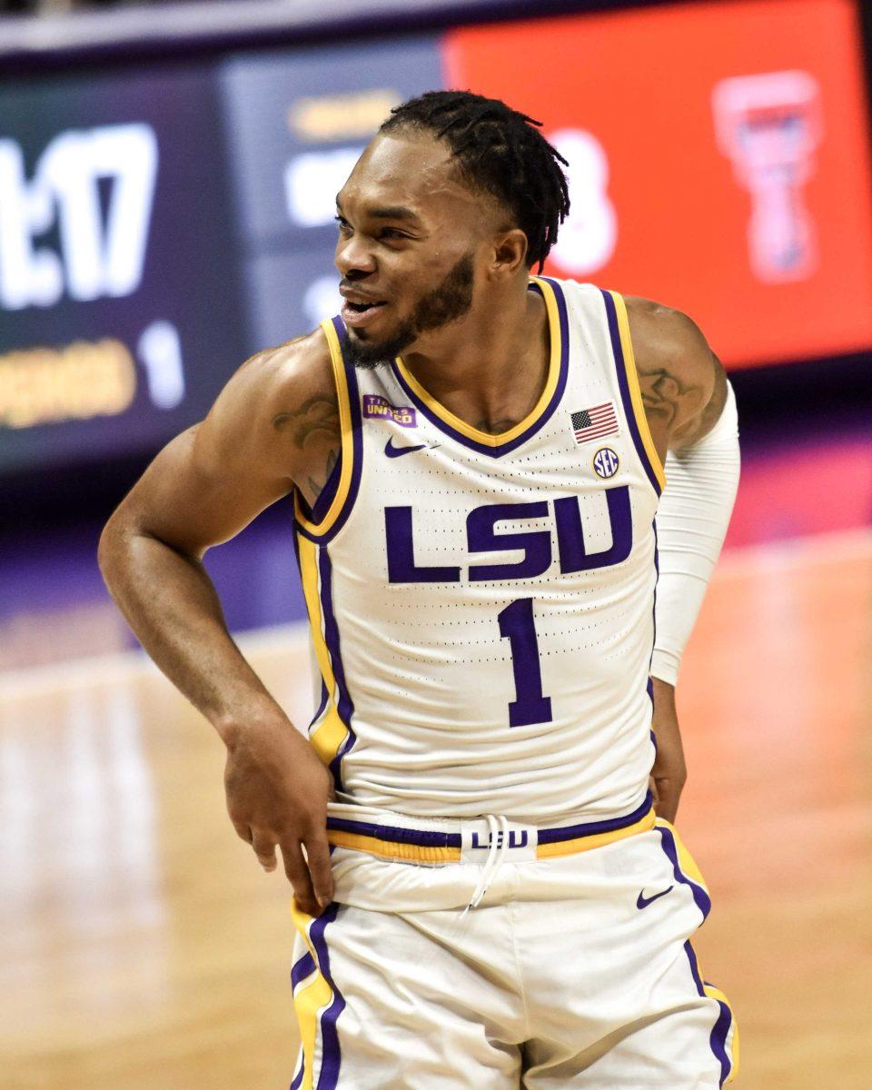 LSU men's basketball junior guard Javonte Smart (1) chats with a referee Saturday, Jan. 30, 2021 during LSU's 76-71 loss against Texas Tech at the Pete Maravich Assembly Center on N Stadium Drive in Baton Rouge, La.&#160;